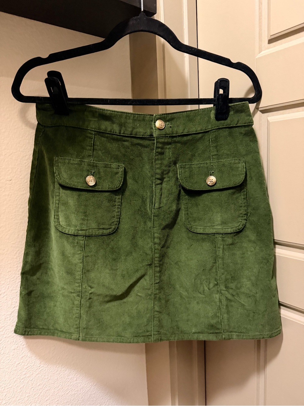 J. Crew Factory Olive Corduroy A-Line Mini Skirt with Front Flap Pockets